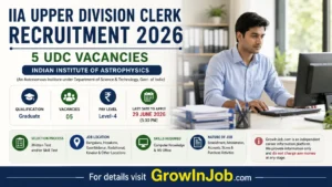 IIA Upper Division Clerk Recruitment 2026 featured image showing 5 UDC vacancies at Indian Institute of Astrophysics with salary, eligibility and application deadline.