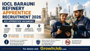 IOCL Barauni Refinery Apprentice Recruitment 2026 featured image showing refinery professionals with 432 apprentice vacancies for ITI, Diploma, Graduate and 12th Pass candidates.