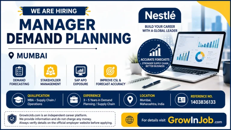 Manager Demand Planning Nestlé Mumbai recruitment 2026 featuring demand forecasting, SAP APO exposure, supply chain planning responsibilities, MBA qualification requirement, and application information.