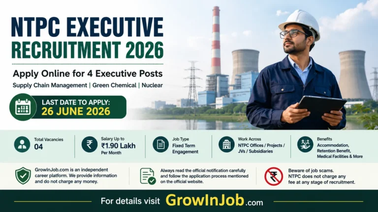 NTPC Executive Recruitment 2026 featured image showing executive job vacancies with salary up to ₹1.90 lakh per month and application deadline of 26 June 2026.
