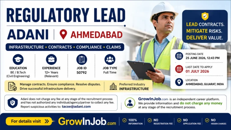 Regulatory Lead job at Adani in Ahmedabad for Civil Engineering professionals with 12+ years of infrastructure experience. Apply online before 1 July 2026.