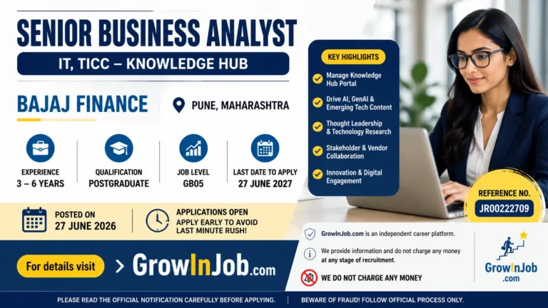 Senior Business Analyst job at Bajaj Finance Pune for experienced professionals. Apply for the TICC Knowledge Hub role with 3–6 years of experience. Featured image by GrowInJob.com.