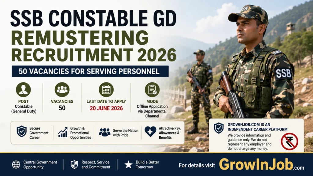SSB Constable GD Remustering Recruitment 2026 featured image showing Sashastra Seema Bal personnel with 50 vacancies for serving CT Tradesmen and CT Orderlies.