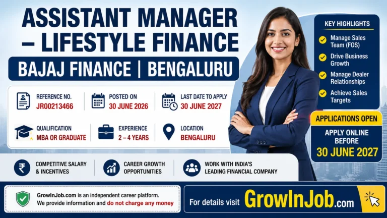 Assistant Manager – Lifestyle Finance job at Bajaj Finance in Bengaluru for MBA and experienced graduates. Applications are open until 30 June 2027.