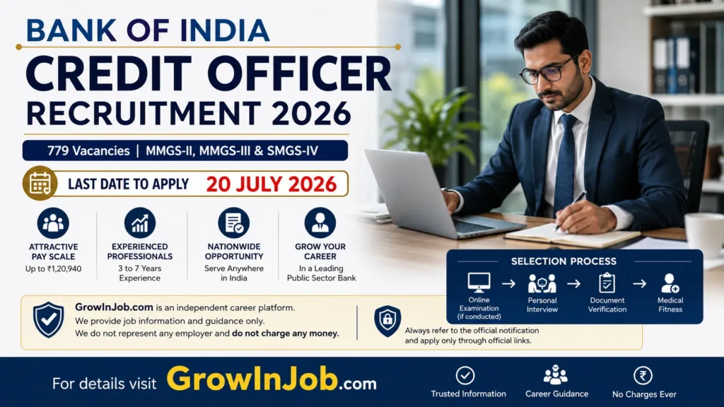 Bank of India Credit Officer Recruitment 2026 featured image showing 779 Credit Officer vacancies in MMGS-II, MMGS-III and SMGS-IV with the last date to apply as 20 July 2026.