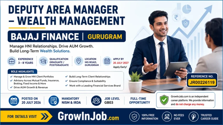 Deputy Area Manager – Wealth Management job at Bajaj Finance in Gurugram for candidates with 3–8 years of experience, graduate/postgraduate qualification, NISM & IRDA certification.