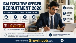ICAI Executive Officer Recruitment 2026 featured image showing 50 Executive Officer vacancies for Chartered Accountants with salary, application deadline, CBT date, and GrowInJob.com career information.