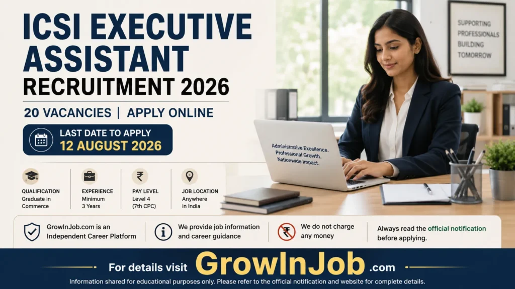 ICSI Executive Assistant Recruitment 2026 featured image showing 20 vacancies, Graduate in Commerce eligibility, 3 years' experience, Level 4 pay scale and application deadline of 12 August 2026.
