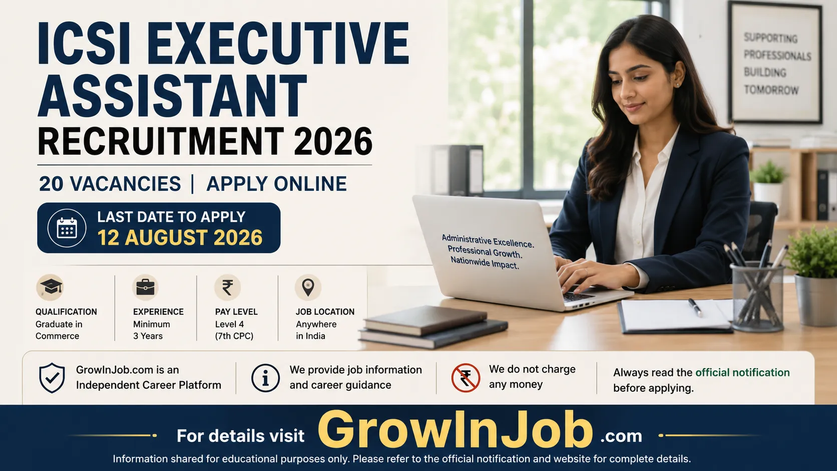 ICSI Executive Assistant Recruitment 2026 featured image showing 20 vacancies, Graduate in Commerce eligibility, 3 years' experience, Level 4 pay scale and application deadline of 12 August 2026.