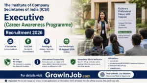 ICSI Executive (Career Awareness Programme) Recruitment 2026 featured image showing career awareness session, 3 contractual vacancies, ₹50,000 monthly salary, and application deadline of 10 August 2026.
