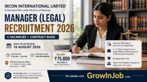 IRCON Manager Legal Recruitment 2026 featured image showing Manager (Legal) contract vacancies, ₹75,000 salary, and walk-in interview on 18 August 2026.