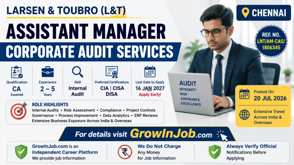 L&T Assistant Manager Corporate Audit Services recruitment 2026 featured image showing CA qualification, 2–5 years experience, Chennai location, and application deadline of 16 January 2027.