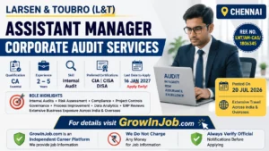 L&T Assistant Manager Corporate Audit Services recruitment 2026 featured image showing CA qualification, 2–5 years experience, Chennai location, and application deadline of 16 January 2027.