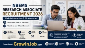 NBEMS Research Associate Recruitment 2026 featured image showing 30 Research Associate vacancies with walk-in interaction details, salary up to ₹95,000 per month, and GrowInJob career information.