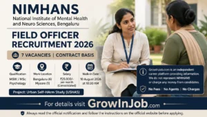 NIMHANS Field Officer Recruitment 2026 featured image showing 7 contractual vacancies, ₹25,000 monthly salary, Bengaluru and Mysore postings, and Walk-in on 10 August 2026.