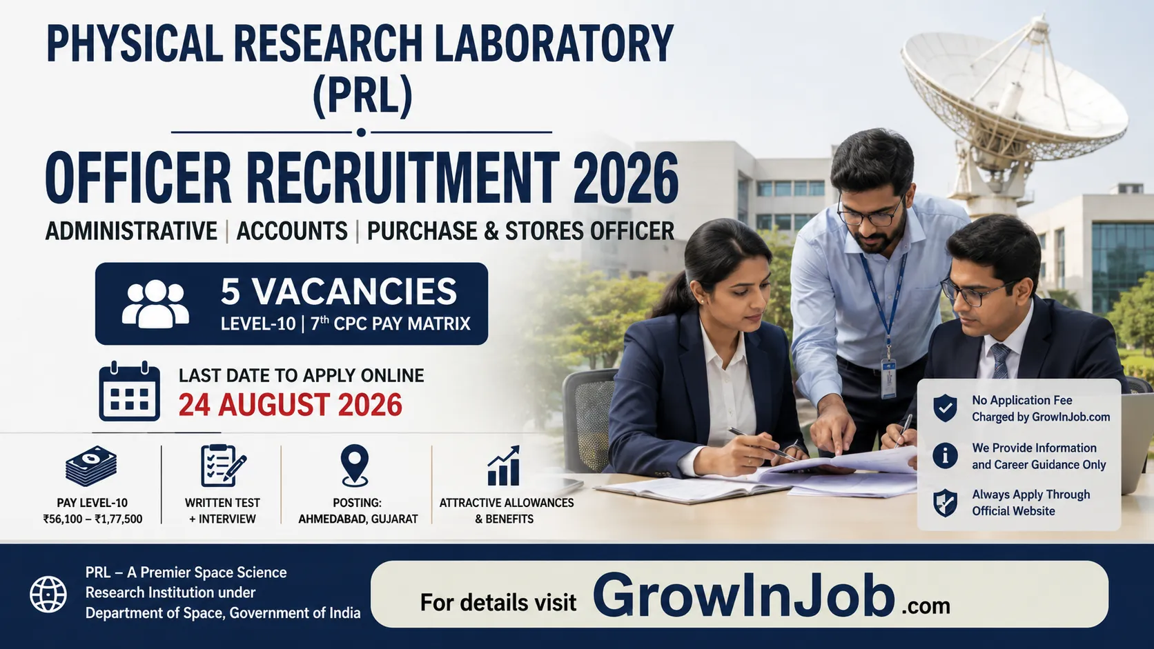 Physical Research Laboratory PRL Officer Recruitment 2026 for Administrative Officer, Accounts Officer and Purchase & Stores Officer posts with 5 vacancies.