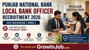 Punjab National Bank Local Bank Officer Recruitment 2026 featured image showing 545 JMGS-I vacancies, banking professionals in a modern branch, application deadline 9 August 2026, and GrowInJob.com career information.