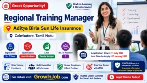 Regional Training Manager job opening at Aditya Birla Sun Life Insurance in Coimbatore, Tamil Nadu for candidates with 5–7 years of experience.