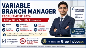 Variable Branch Manager Recruitment 2026 at Aditya Birla Sun Life Insurance in Amritsar, Punjab. Manager-level insurance sales job for graduates with 6–8 years of experience. Apply online by 31 December 2026.