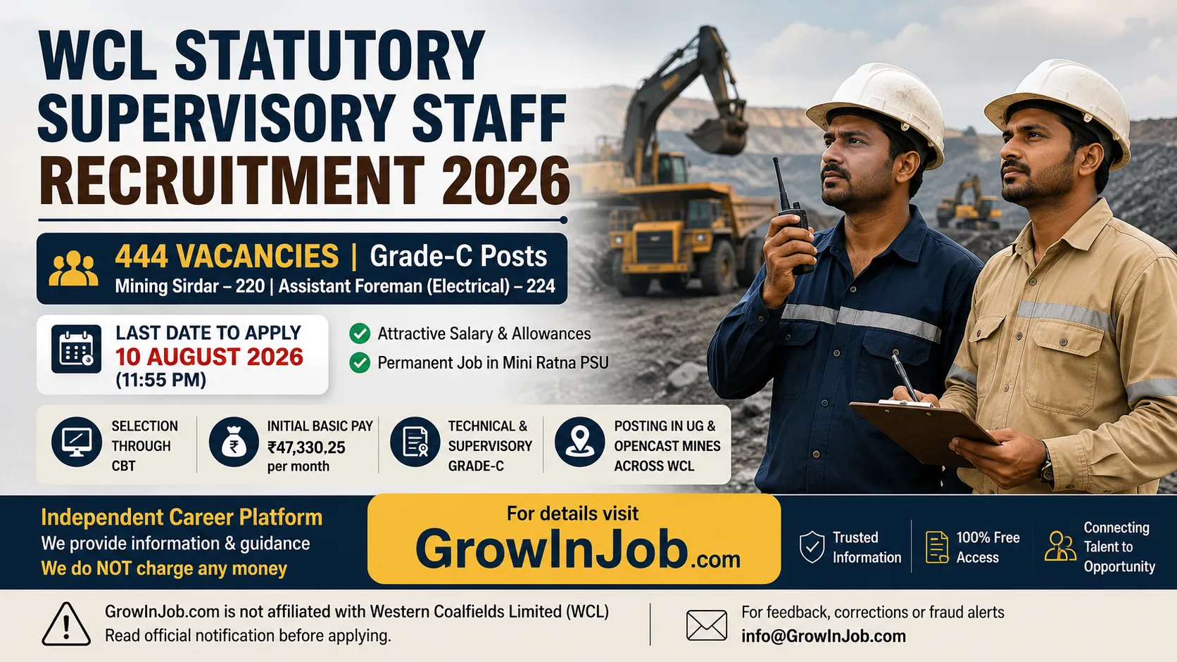 WCL Statutory Supervisory Staff Recruitment 2026 featured image showing Mining Sirdar and Assistant Foreman (Electrical) recruitment for 444 vacancies with application deadline 10 August 2026.