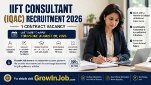 IIFT Consultant (IQAC) Recruitment 2026 featured image showing 1 contract vacancy, salary up to ₹1.30 lakh per month, PG, CA, CS, LLB eligibility and last date 20 August 2026.