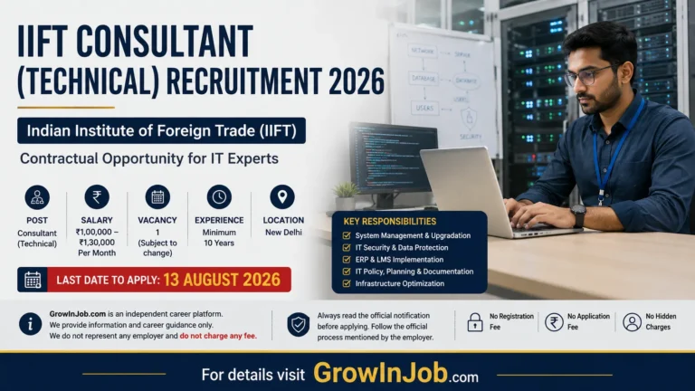 Featured image for IIFT Consultant (Technical) Recruitment 2026 showing an IT professional in a data center with salary up to ₹1.30 lakh per month and application deadline of 13 August 2026.