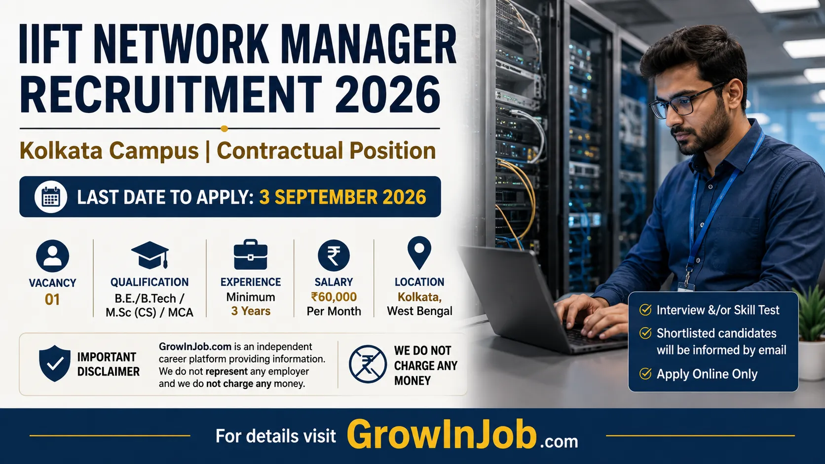 IIFT Network Manager Recruitment 2026 for Kolkata Campus with ₹60,000 monthly salary and 3 September 2026 deadline