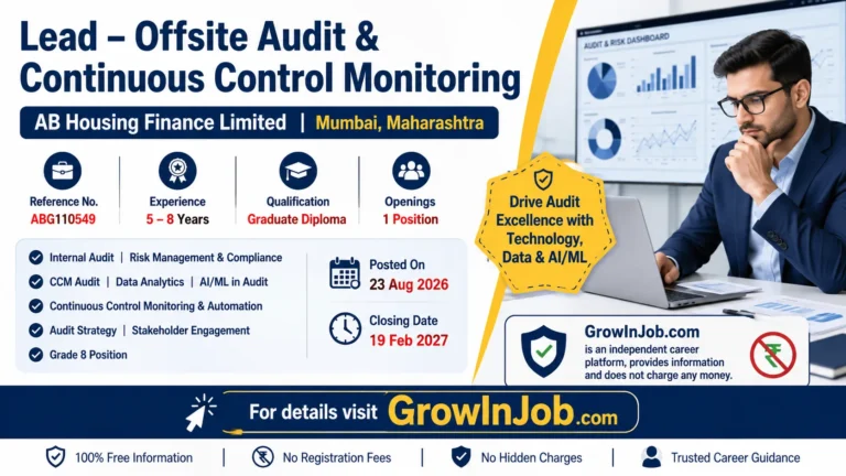 Lead Offsite Audit and Continuous Control Monitoring job at AB Housing Finance Limited in Mumbai