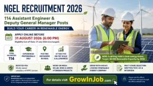 NGEL Recruitment 2026 featured image showing Assistant Engineer and Deputy General Manager vacancies in the renewable energy sector with solar panels and wind turbines.