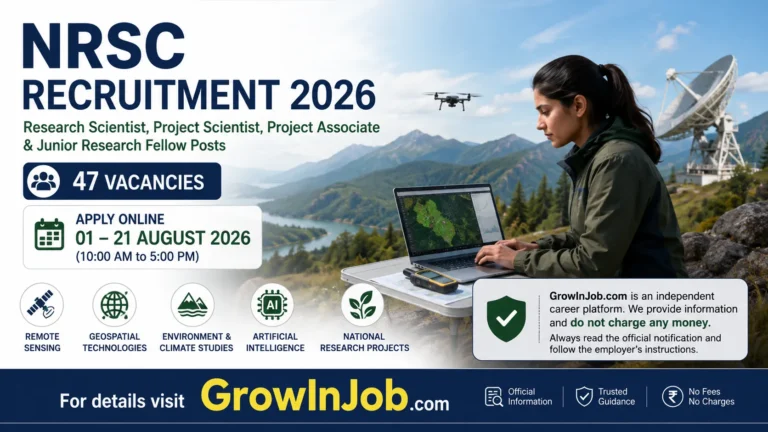 NRSC Recruitment 2026 featured image showing Research Scientist, Project Scientist, Project Associate and Junior Research Fellow recruitment for 47 vacancies with application dates from 01 to 21 August 2026.