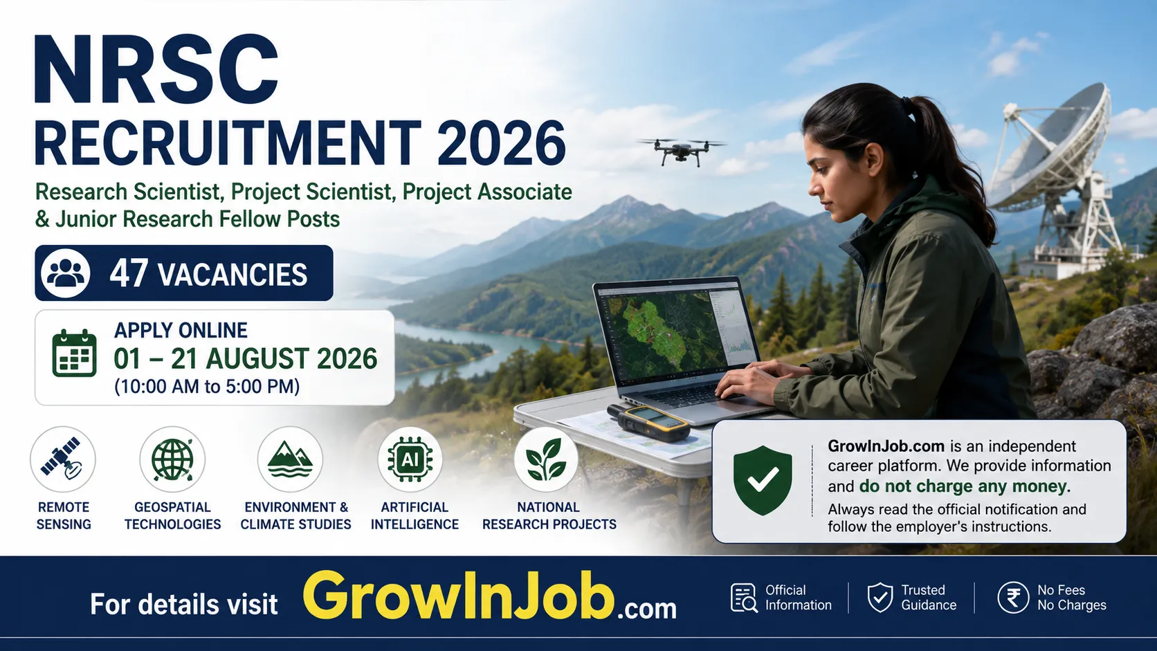NRSC Recruitment 2026 featured image showing Research Scientist, Project Scientist, Project Associate and Junior Research Fellow recruitment for 47 vacancies with application dates from 01 to 21 August 2026.