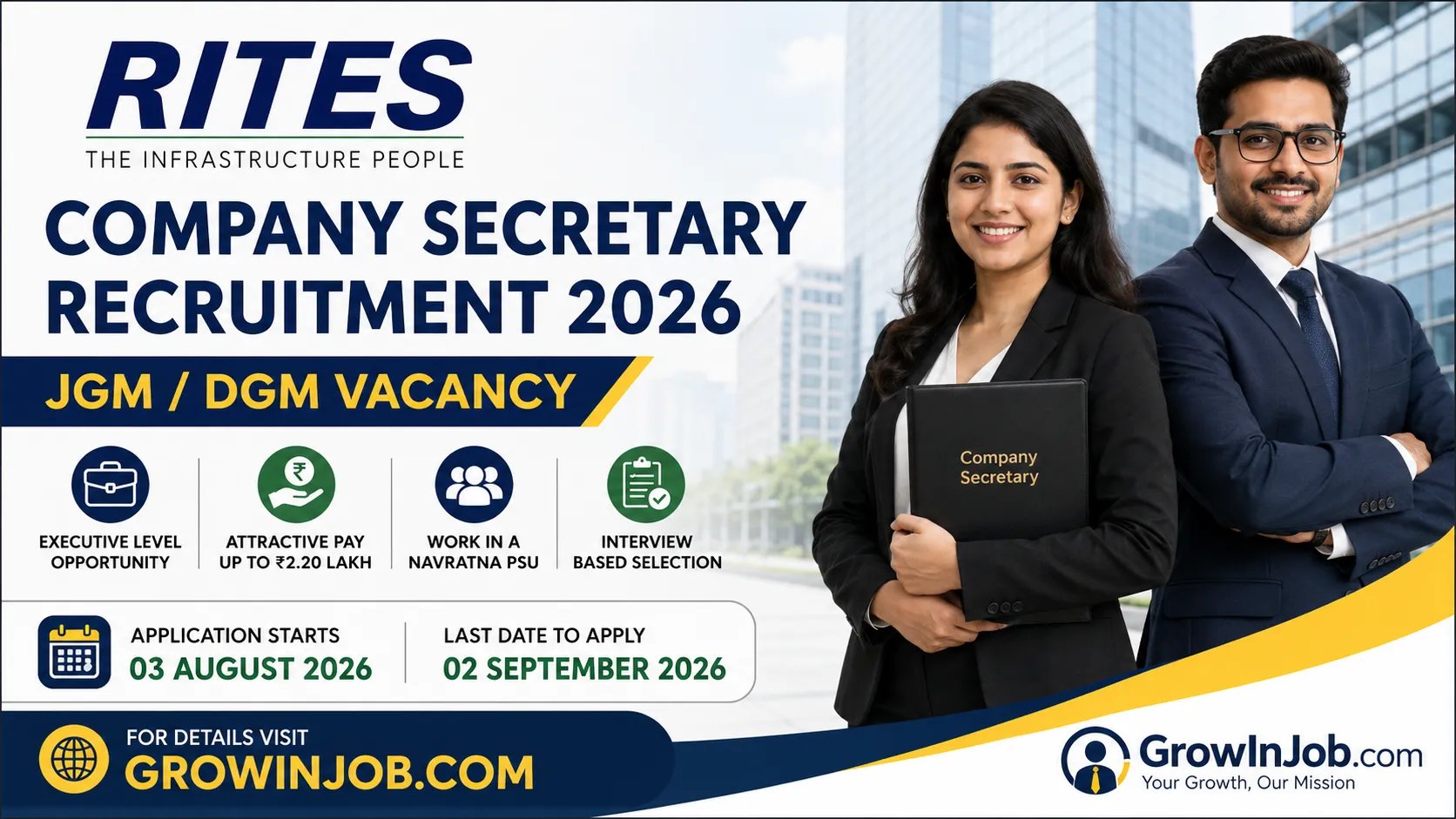 RITES Company Secretary Recruitment 2026 featured image for Joint General Manager (JGM) and Deputy General Manager (DGM) vacancies on regular basis.