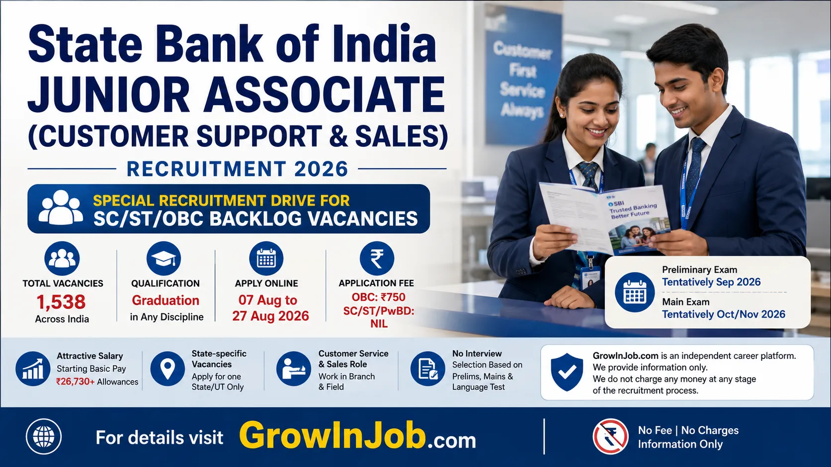 SBI Junior Associate Recruitment 2026 for 1538 SC ST OBC backlog vacancies