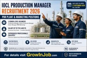IOCL Production Manager Recruitment 2026 featured image showing petrochemical plant professionals with vacancy, salary, eligibility and application deadline details.