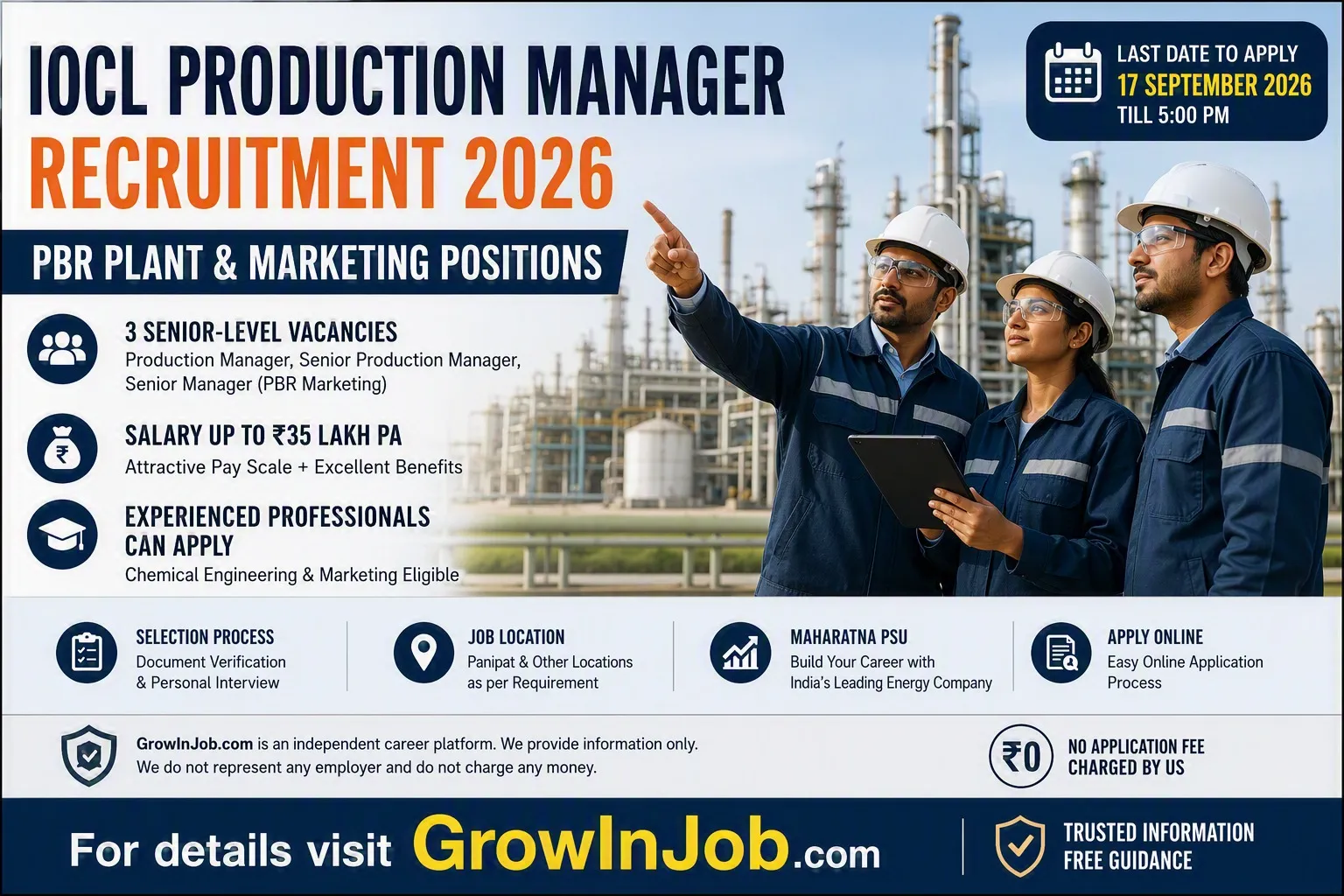 IOCL Production Manager Recruitment 2026 featured image showing petrochemical plant professionals with vacancy, salary, eligibility and application deadline details.